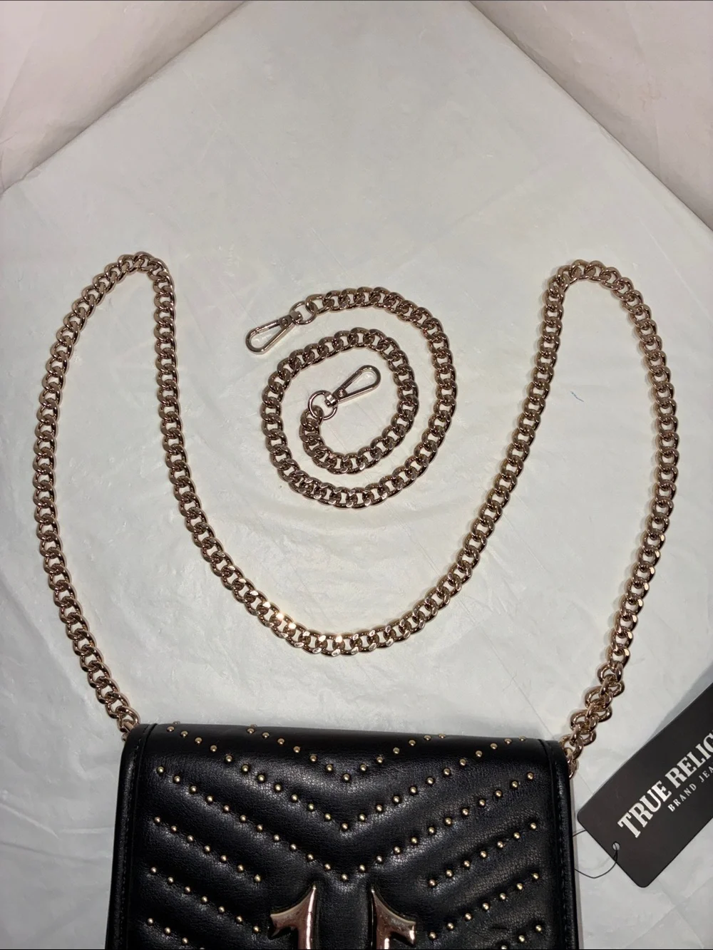 True Religion Black Quilted Studded Crossbody with Gold Chain